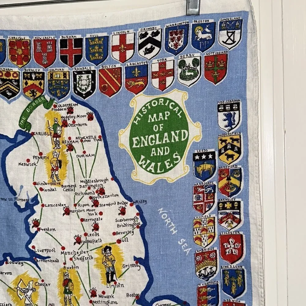 Vtg Irish Linen tea towel/wall hanging‎ of a Historical Map of England and Wales